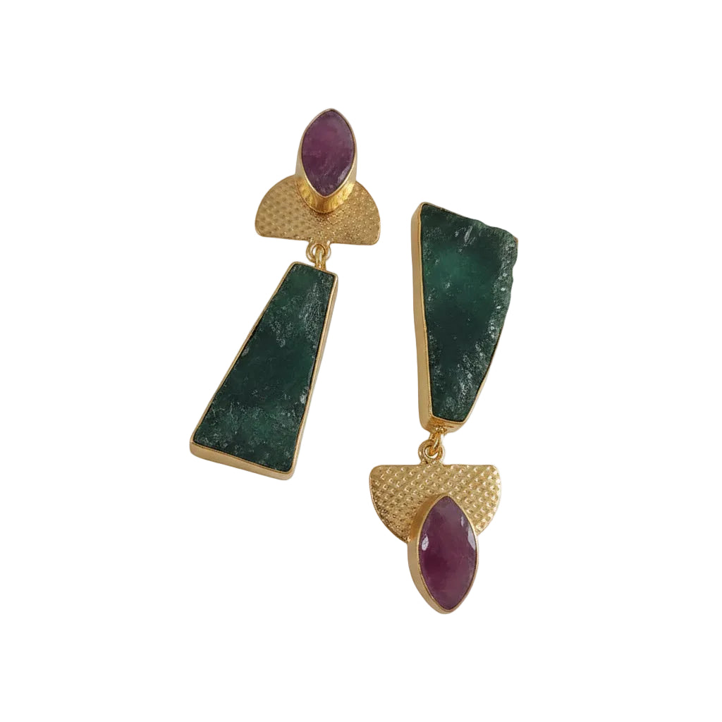 A pair of gold geometric natural stone earrings made n brass