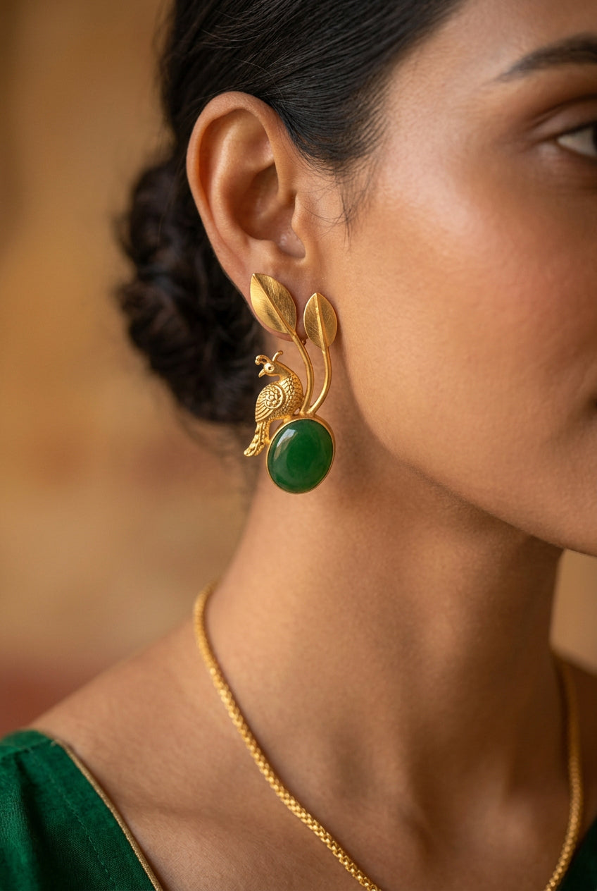 Green gemstone bird design brass earrings