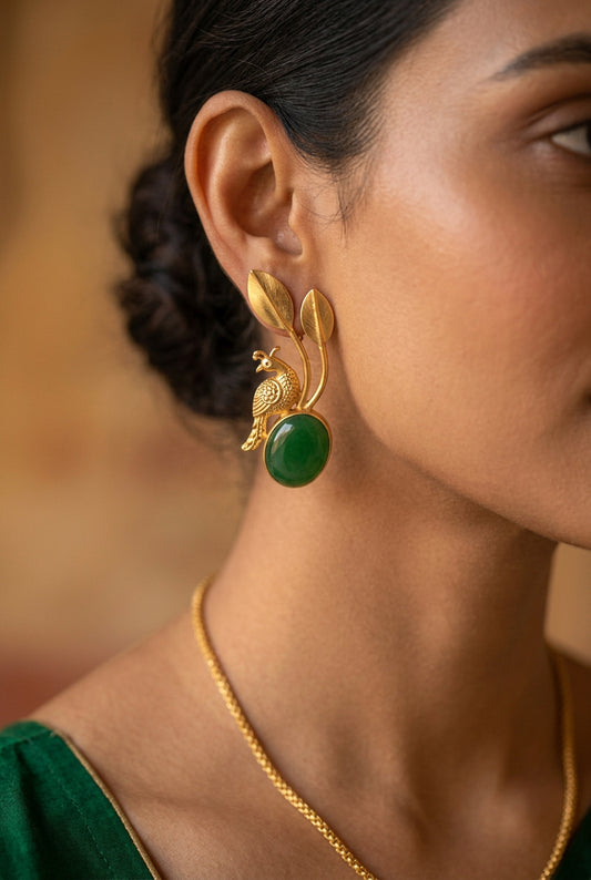 Green gemstone bird design brass earrings