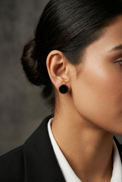 Black natural stone stud earrings made in brass