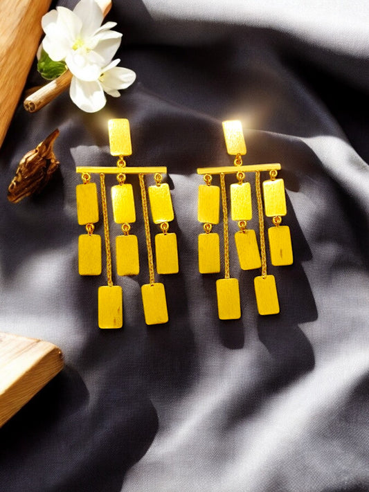 Gold-tone dangler earrings with cascading rectangular tile drops on three chains,