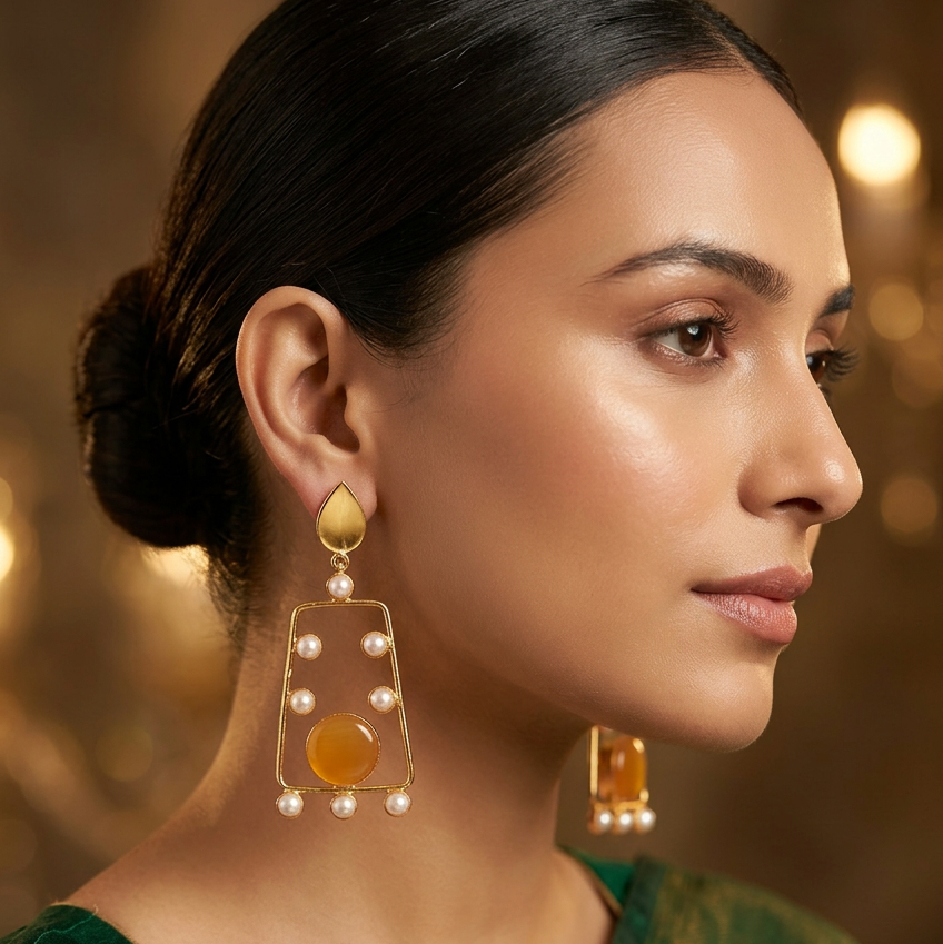 A pair of gold geometric dangle earrings with white faux pearls and a large amber-orange circular stone.