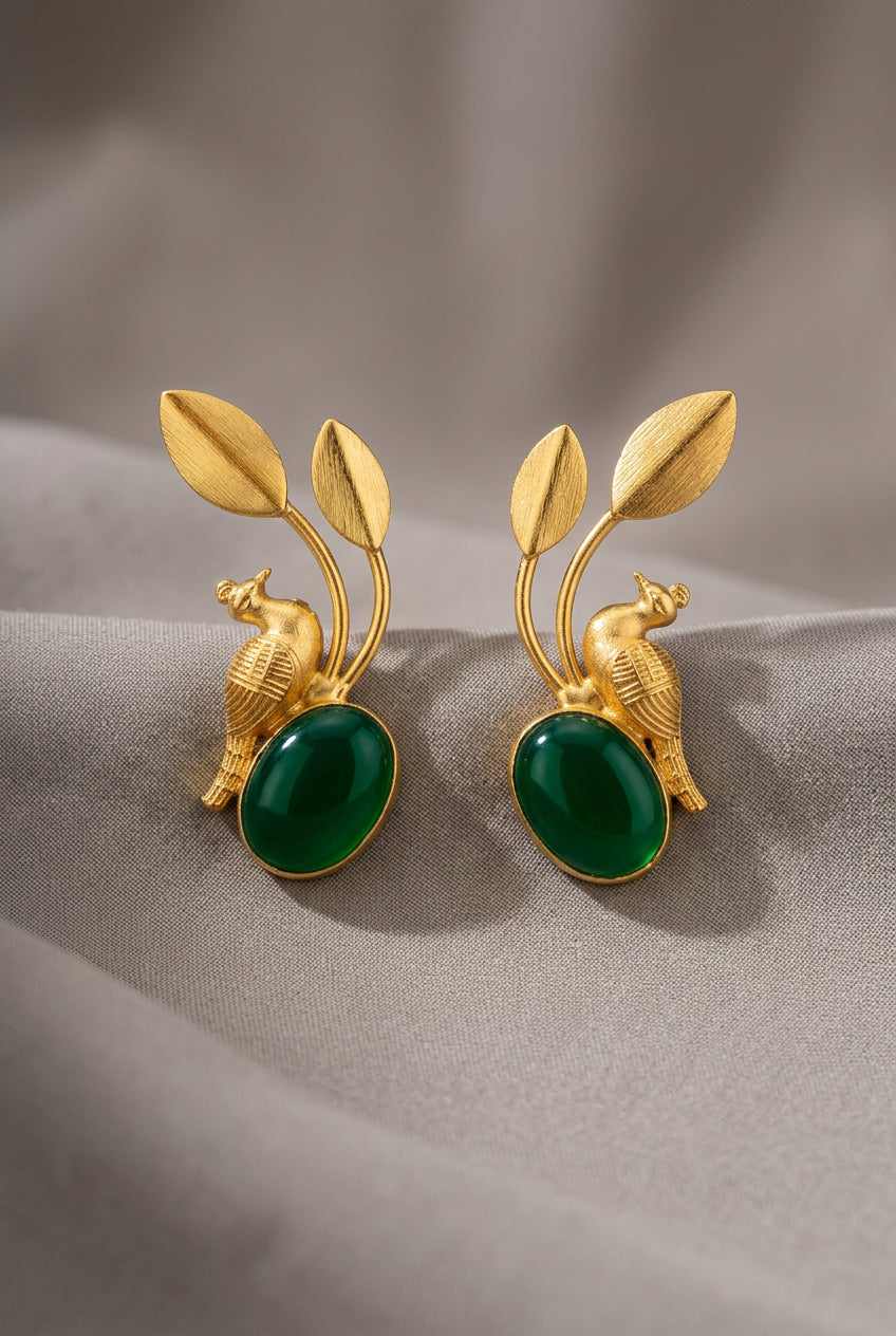 Golden bird brass earrings with green stone