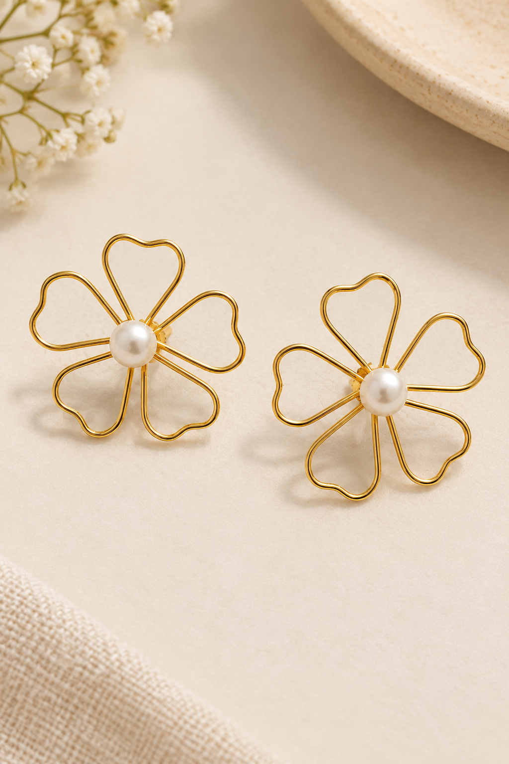 Handmade Flower Brass with pearl earrings 
