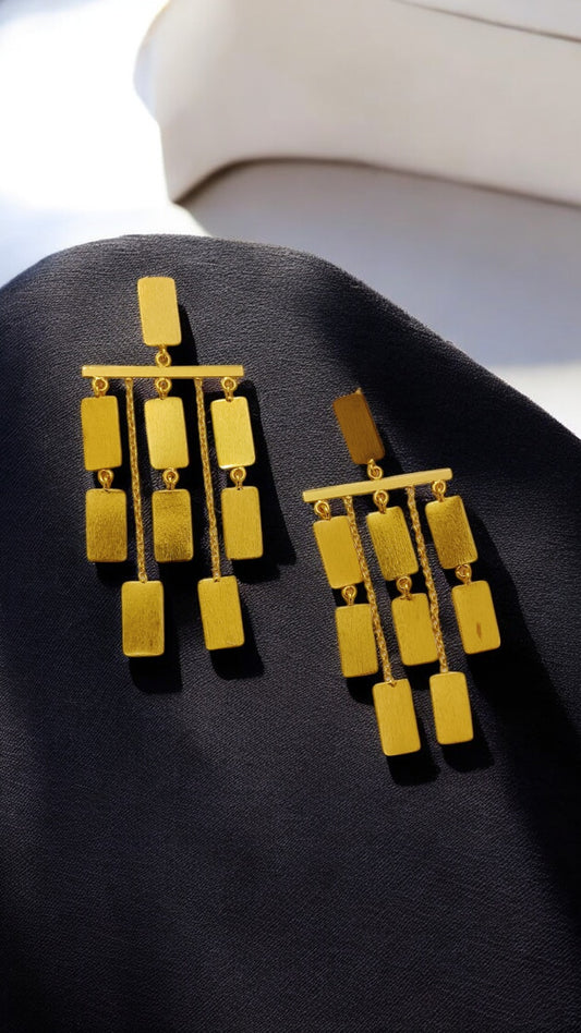 Gold-tone rectangular tile drop dangler earrings with three-tier chandelier design