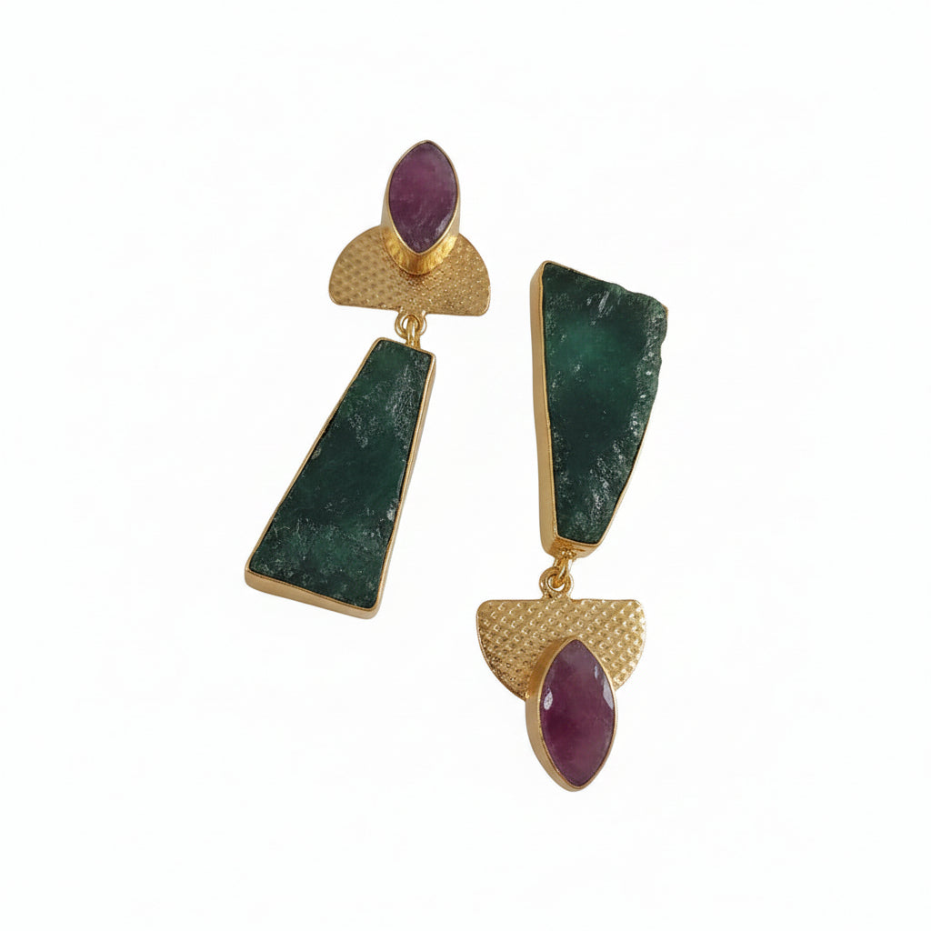 A pair of gold geometric natural stone earrings made n brass