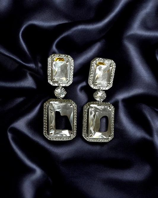 White crystal ad drop earrings, front view
