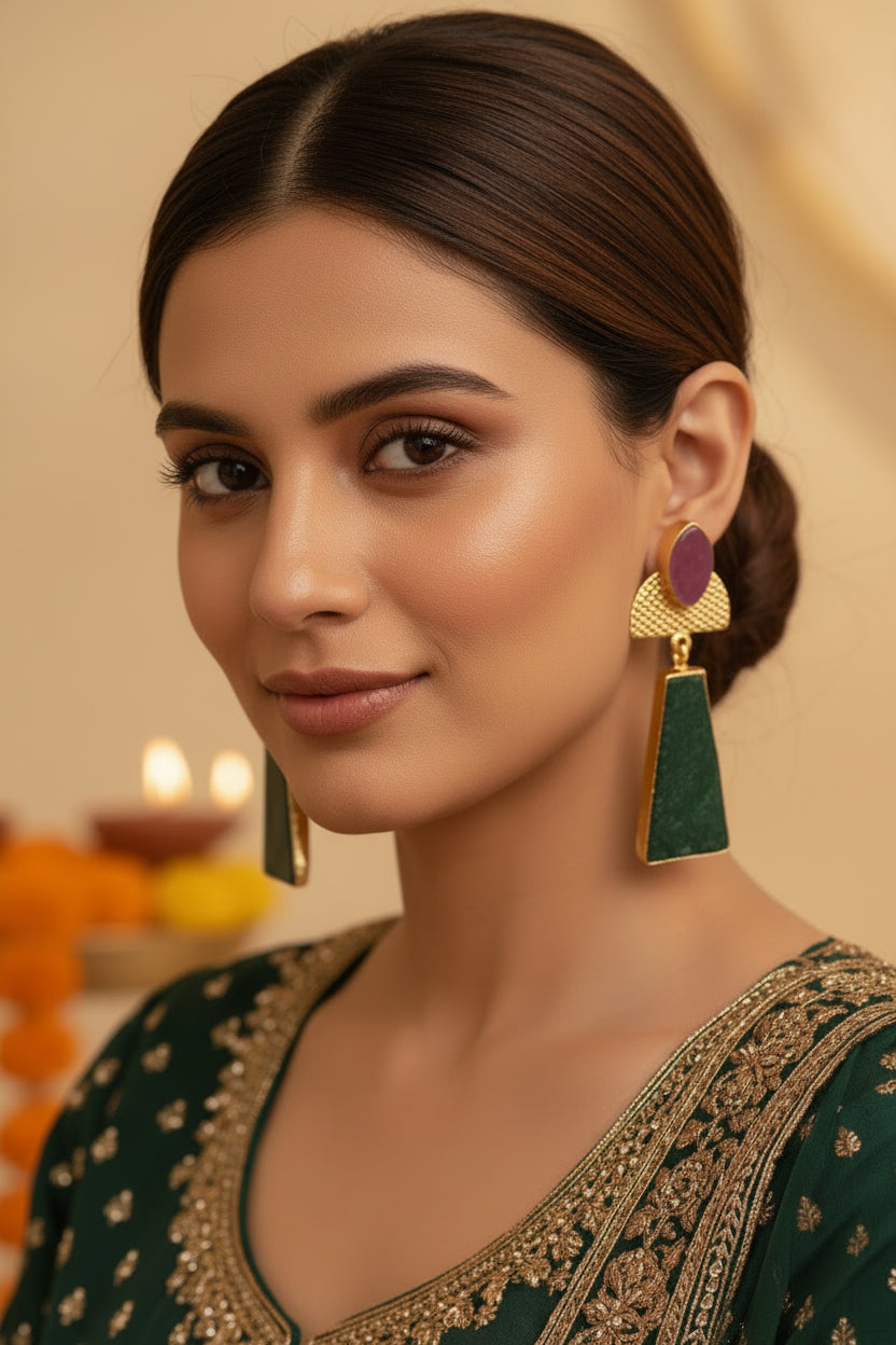 Green natural stone stud earrings in brass